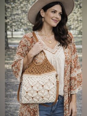 Crown Vintage Tan and Cream Macramé Crossbody Bag